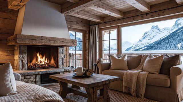 Cozy rustic living room in a log cabin, with a glowing fireplace, wooden beams, and snowy mountains