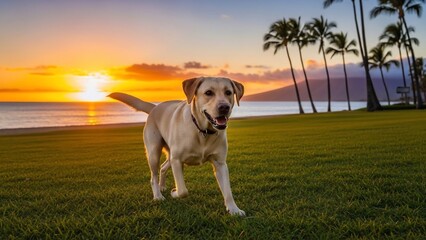Happy Dog Running on the Beach at Sunset