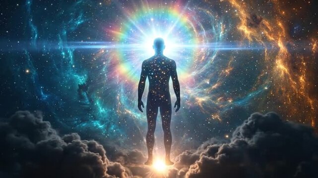 Ethereal Human Silhouette with Radiant Rainbow Aura in Cosmic Nebula, Representing Spiritual Enlightenment & Universal Energy