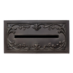 Ornate vintage-inspired dark metal mail slot with floral and scrollwork detailing on transparent background