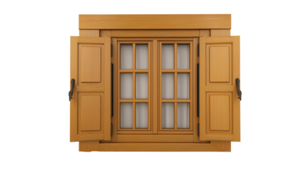 Traditional wooden window with four smaller panes in the center and three panes on each side, isolated on transparent background