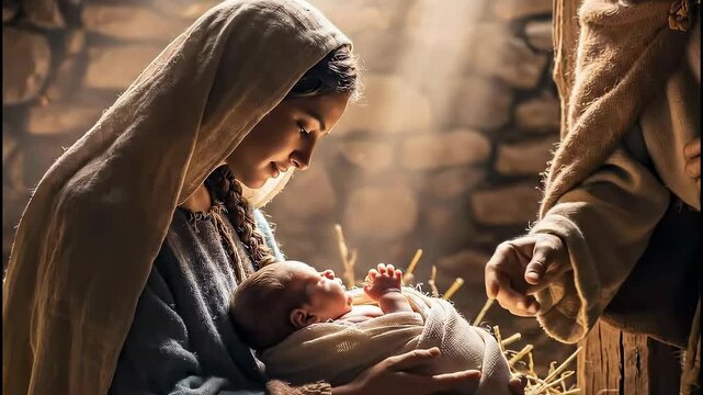 Sacred depiction of the Nativity scene, with Mary gently holding the newborn Jesus in a humble