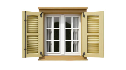 Open window with light yellow wooden shutters and white-framed grid panes on transparent background