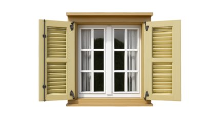 Open window with light yellow wooden shutters and white-framed grid panes on transparent background