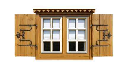 Wooden window with grid-patterned design and open shutters on transparent background