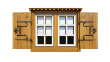 Wooden window with grid-patterned design and open shutters on transparent background