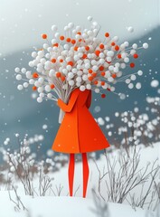 Stylized winter illustration of a woman in an orange coat holding a bouquet of white and red berries, standing in a snowy landscape, blending minimalism, fashion, and whimsical seasonal art.