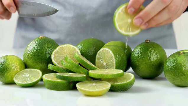 a refreshing 4k food title capturing many slices of juicy lime sprinkled with water drops over a plain white background in slow motion producing a zesty vibrant look ideal for beverage ads culinary