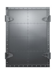 Large rectangular metal door with industrial grid pattern and rivets on transparent background