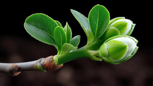 Close-up of budding plant branch showcasing vibrant green leaves and flower buds, with gradual zoom in emphasizing natural growth and intricate details of foliage and textures