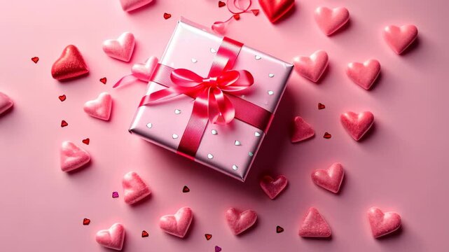 Gift of Love: A beautifully wrapped gift box sits amidst a scattering of heart-shaped candies, symbolizing affection and thoughtfulness. The image exudes warmth and conveys a heartfelt message.