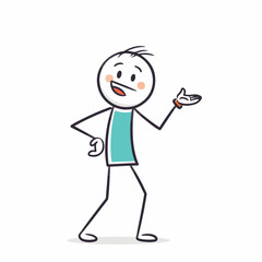 Fototapeta premium Smiling stick figure character gesturing with an open hand, wearing a teal shirt and an orange wristband, in a dynamic pose.