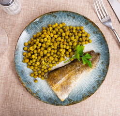 Cooked appetizing cod with a sprig of parsley and green peas on a blue ceramic plate. Bacalao fish...