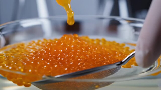 Macro POV of spherification process creating vibrant fruit juice caviar spheres using pipette, molecular gastronomy science experiment
