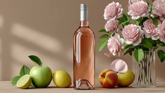 Elegant glass bottle of rose wine surrounded by fresh fruits and pink roses, showcasing a vibrant still life scene with gradual camera zoom in for detailed view