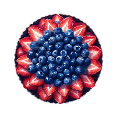 Blueberry Dome Tart Prompt Watercolor illustration of a round domeshaped tart strawberry slices forming a petal border blueberries filling the dome center Clean white background sharp e