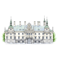 elegant baroque palace strict symmetry tall chimneys decorative roofline carved window frames light stone color fine penink outline gentle watercolor shading pale greenery accents isol