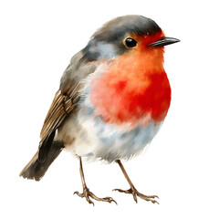 Vibrant watercolor robin with red breast high detail soft shading isolated on white background