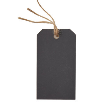 Dark gray rectangular tag with jute string on transparent background