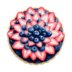 Blueberry Dome Tart Prompt Watercolor illustration of a round domeshaped tart strawberry slices forming a petal border blueberries filling the dome center Clean white background sharp e