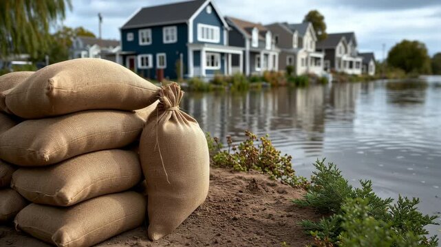 Sandbags stacked on sandy bank beside calm water, showcasing flood prevention efforts, with houses in the background, camera pans across scene highlighting community resilience and preparedness