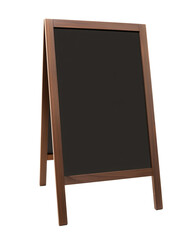 Minimalist A-frame chalkboard with light brown wooden border on transparent background