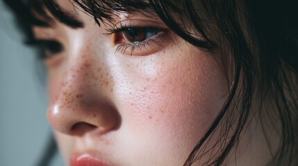 Fototapeta premium A young person with noticeable freckles gazes off to the side. Light creates soft shadows on the face highlighting features in a bright space. The focus is on expression and detail.