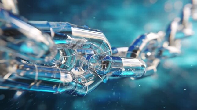 Transparent Glass Blocks Floating and Connecting In Clear Digital Liquid