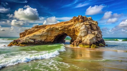 Fototapeta premium Unique rock outcropping on Jericoacoara's shoreline showcasing a natural opening in the stone face partially submerged in the ocean