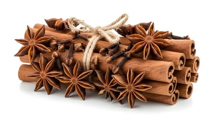 Close-up of cinnamon sticks, star anise, and cloves tied together with natural twine