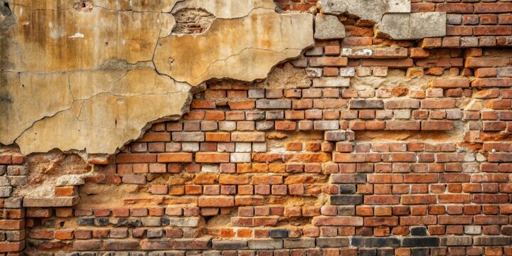 Dilapidated brick wall with a cracked corner, crumbling pieces falling apart due to age and weathering process, showing signs of decay and deterioration , worn, peeling