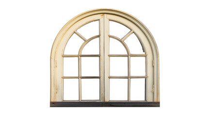 Antique wooden window frame with arched design and intricate mullions on transparent background