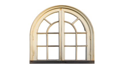 Antique wooden window frame with arched design and intricate mullions on transparent background