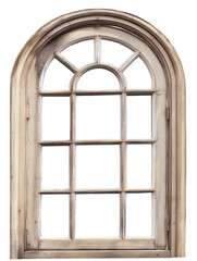 Antique wooden window frame with lattice and rectangular panes on transparent background