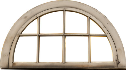 Large arched wooden window with six rectangular panes and a weathered appearance on transparent background