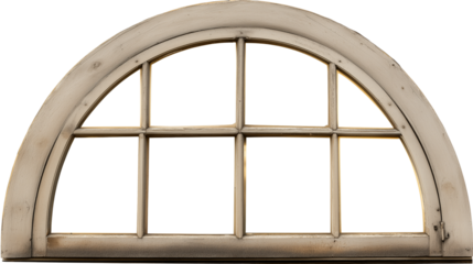 Large arched wooden window with six rectangular panes and a weathered appearance on transparent background