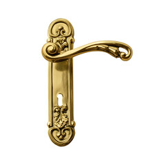 Gold door handle with intricate scrollwork and floral motifs on transparent background