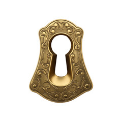 Ornate golden keyhole cover with intricate scrollwork and floral patterns on transparent background