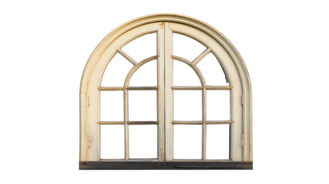Antique wooden window frame with arched design and intricate mullions on transparent background - Powered by Adobe