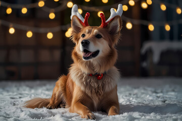 A fluffy dog with reindeer antlers and a jingle bell collar sitting by festive lights