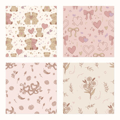 Soft Romance Seamless Pattern Bundle, Dusty Pink and Taupe Digital Paper, Cute Teddy Bears and Delicate Floral Seamless Pattern Pack for Fabric and Paper