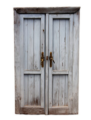 Pair of weathered double wooden doors with light blue-gray finish and aged brass handle on transparent background