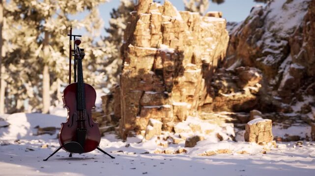 A violin stands on snow among the mountains. Atmospheric render combining the cold of winter landscape with the warmth of music &mdash; a symbol of harmony between art and nature.