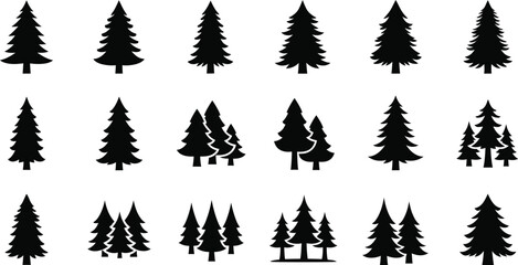 Fototapeta premium Collection of various pine tree silhouettes on transparent background