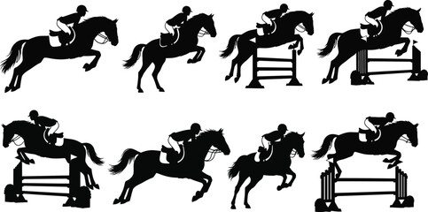 Equestrian silhouettes of horses and riders in various poses on transparent background