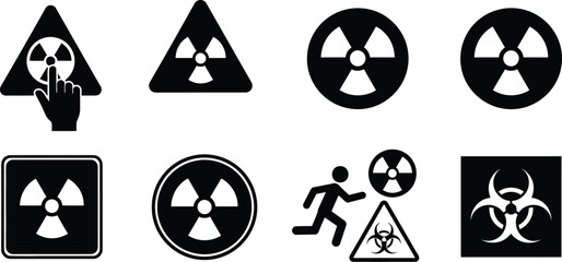 Radioactive warning signs and biohazard symbols in black silhouette on transparent background