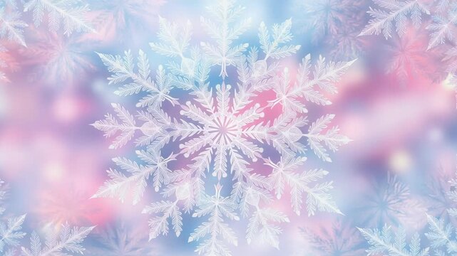 Delicate icy snowflake pattern on a soft pastel background, creating an abstract winter atmosphere with gentle light and dreamy seasonal mood