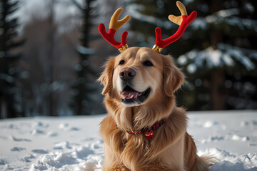 A golden retriever with reindeer antlers with snowy Background