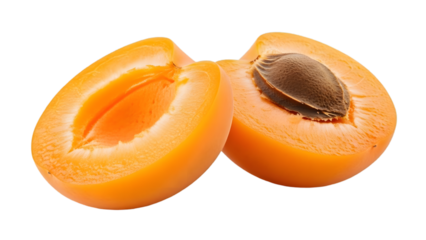 Two halves of a fresh apricot with pit and flesh on a white background
