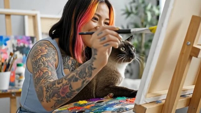 pet family concpet Smiling tattooed artist painting with a siamese cat looking over her shoulder